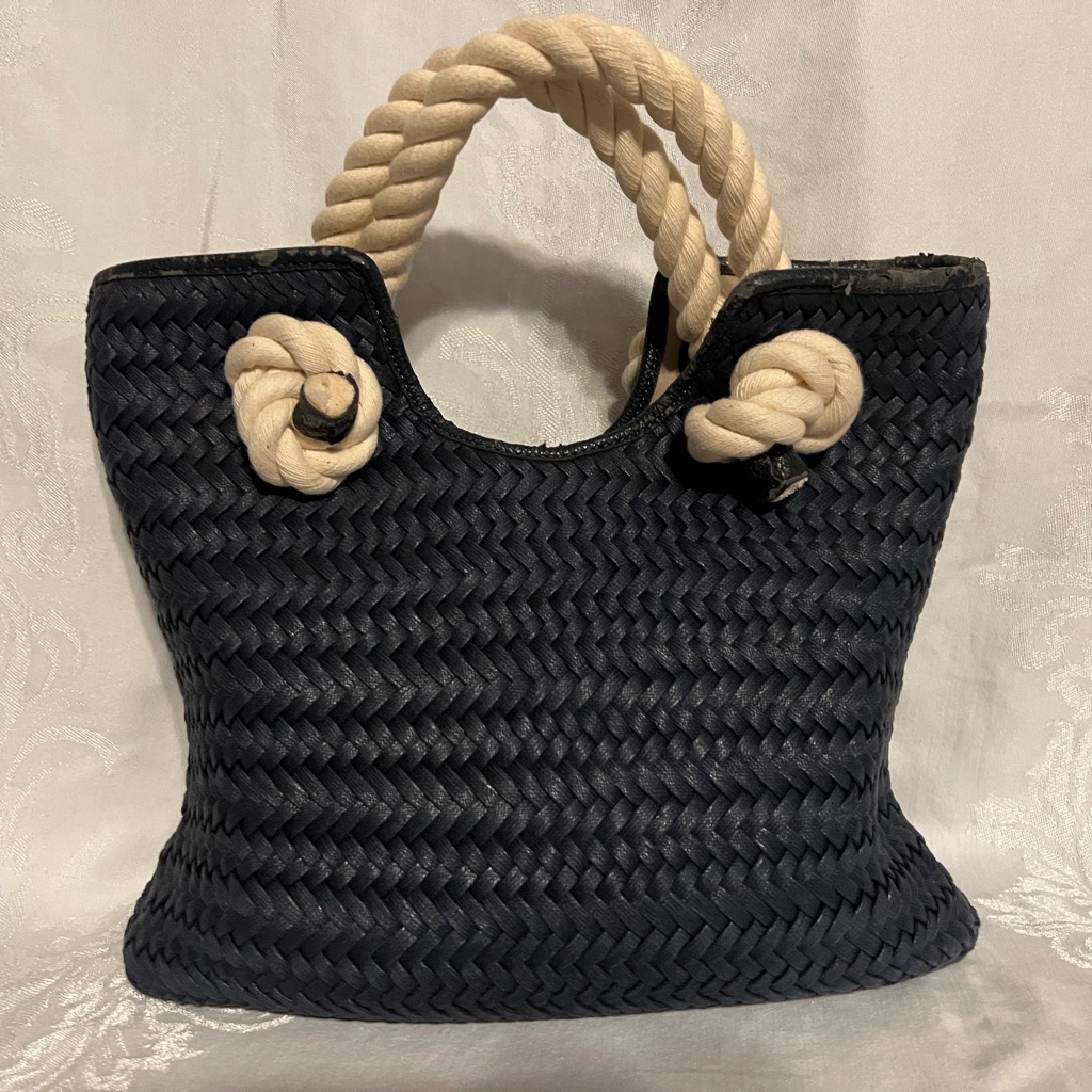 Talbots Navy Straw Handbag With Nautical Rope Handles